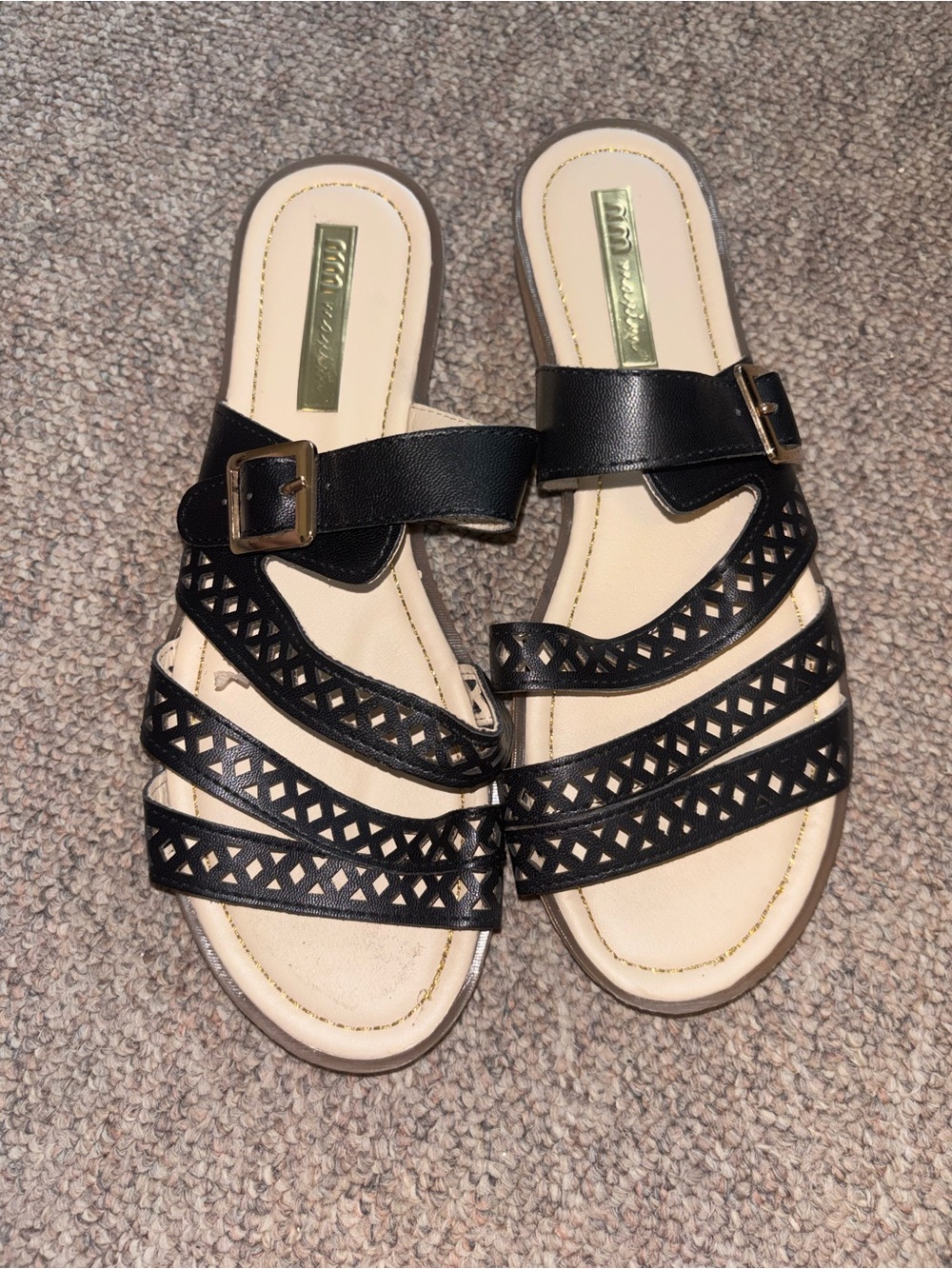 Women’s Black Strappy Slide Sandals with Decorative Buckle